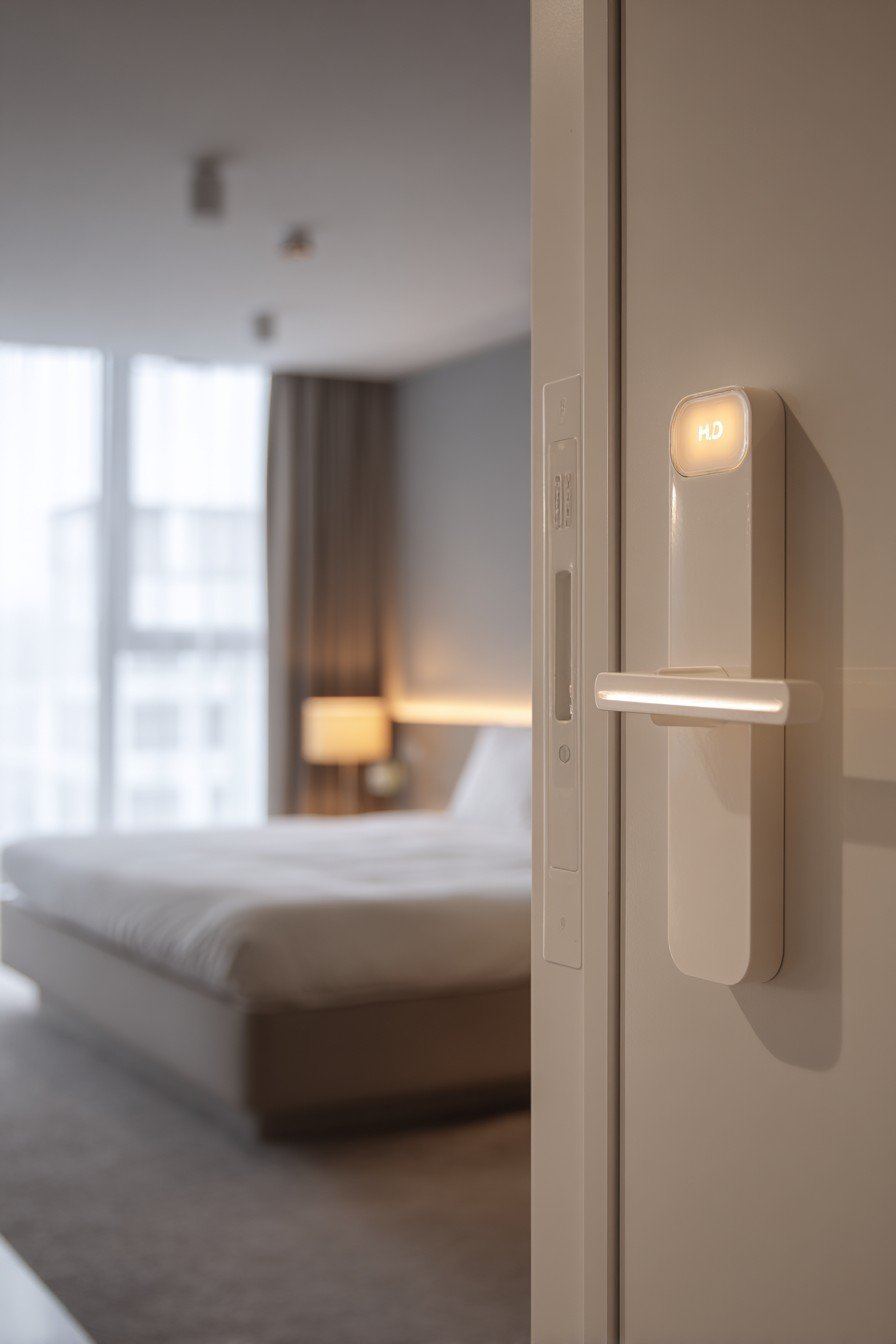 White lacquer flush bedroom door with keypad lock and LED status lights in a smart-home bedroom