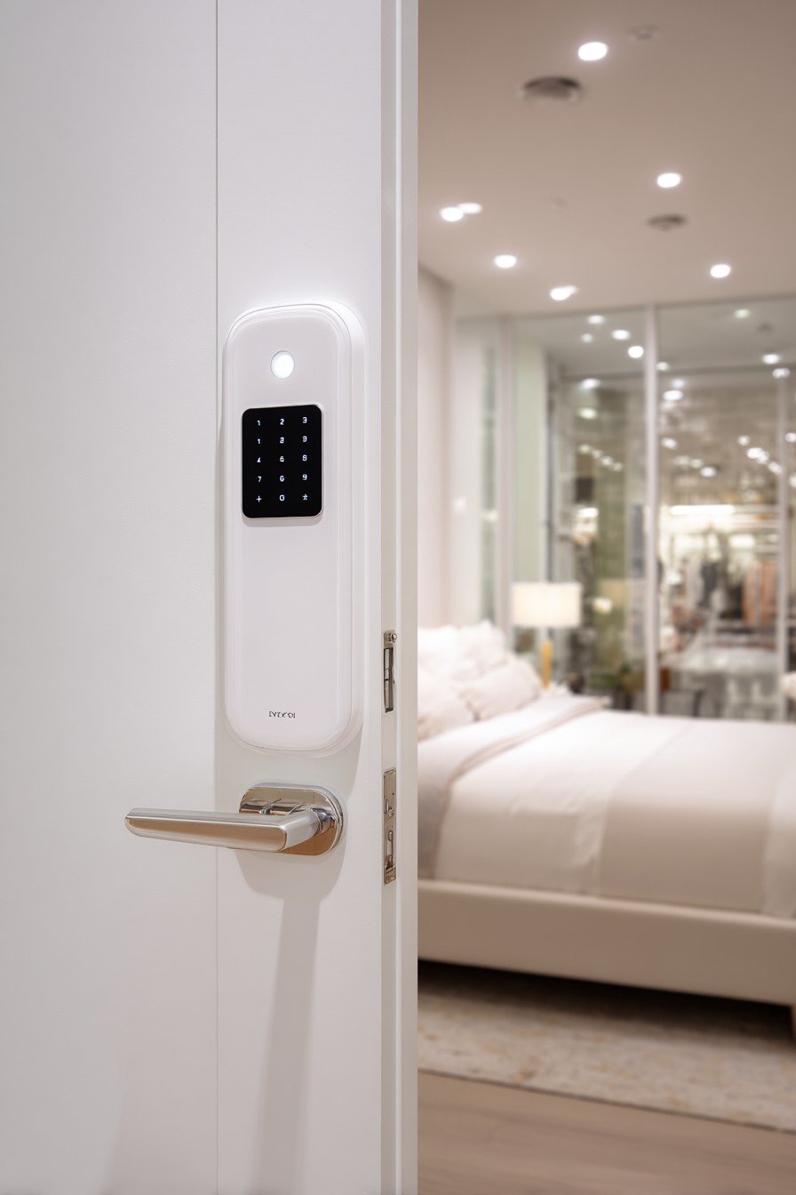 White lacquer flush bedroom door with keypad lock and LED status lights in a smart-home bedroom