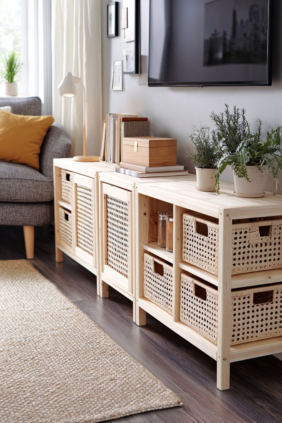 Scandinavian ash wood media console with sliding doors and rattan baskets beneath a wall-mounted TV