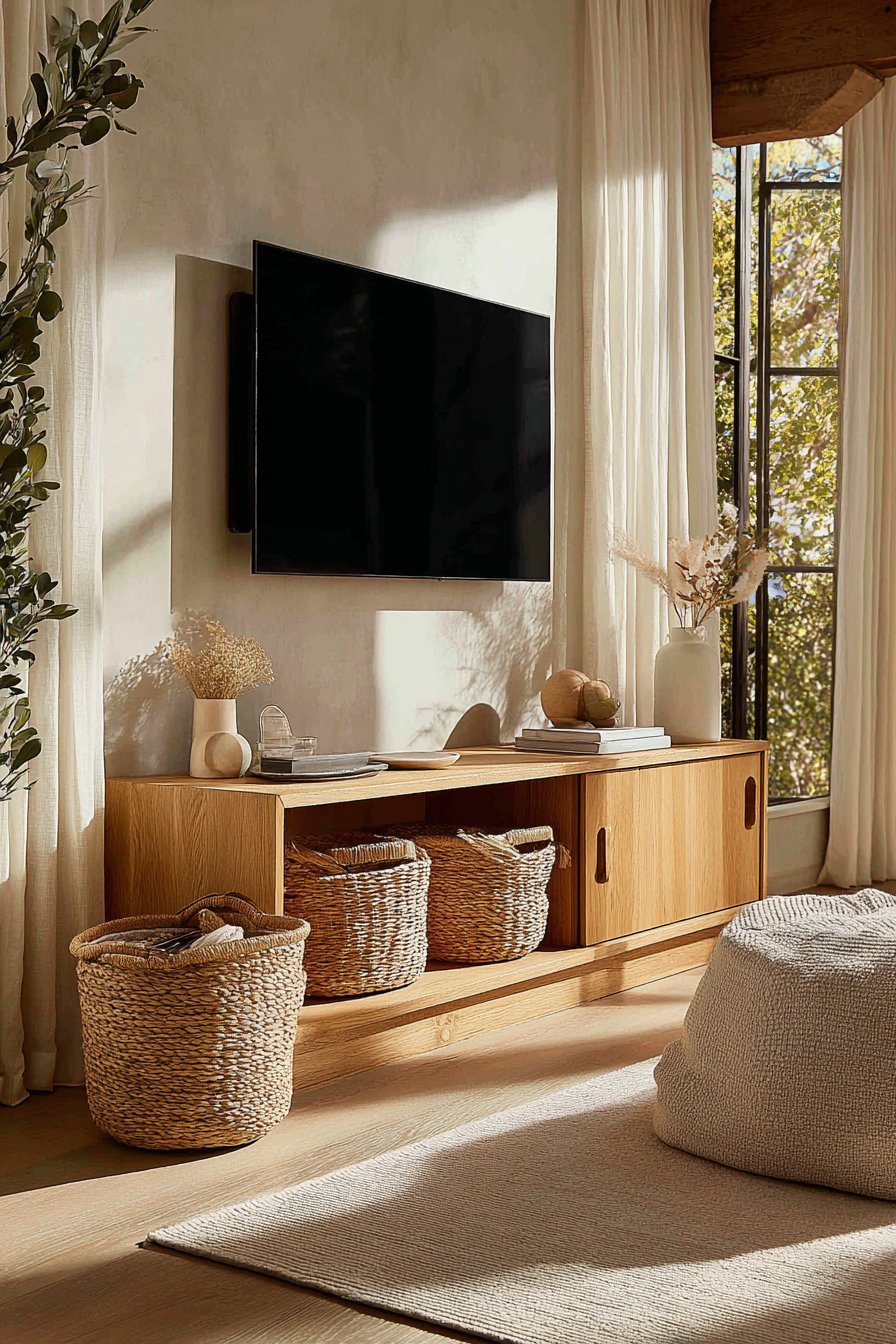Scandinavian ash wood media console with sliding doors and rattan baskets beneath a wall-mounted TV