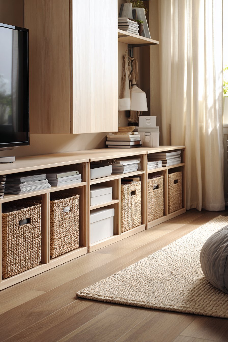 Scandinavian ash wood media console with sliding doors and rattan baskets beneath a wall-mounted TV