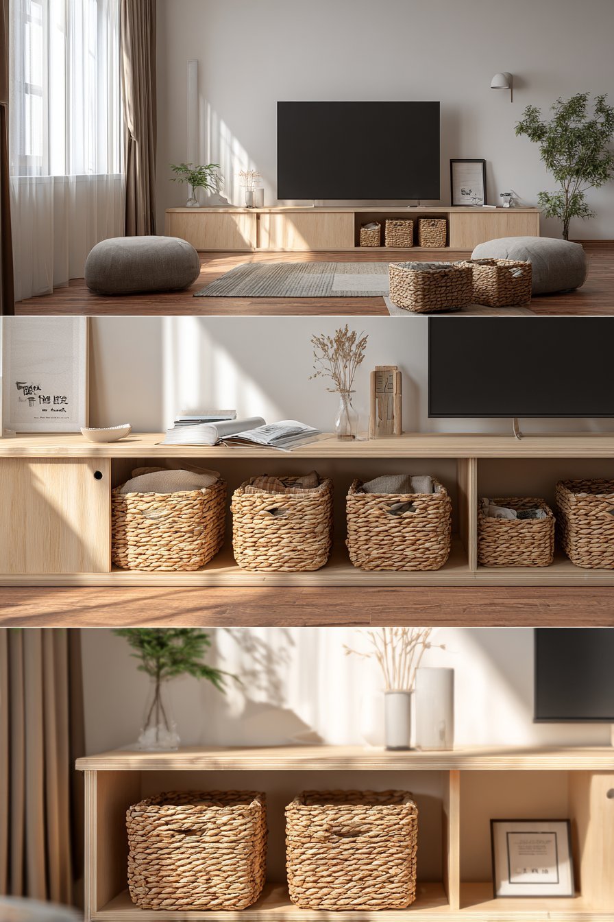 Scandinavian ash wood media console with sliding doors and rattan baskets beneath a wall-mounted TV