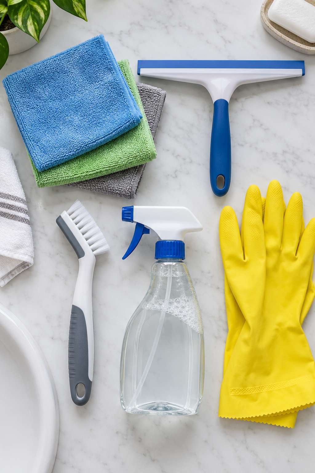 Cleaning supplies laid out for cleaning bathroom tiles