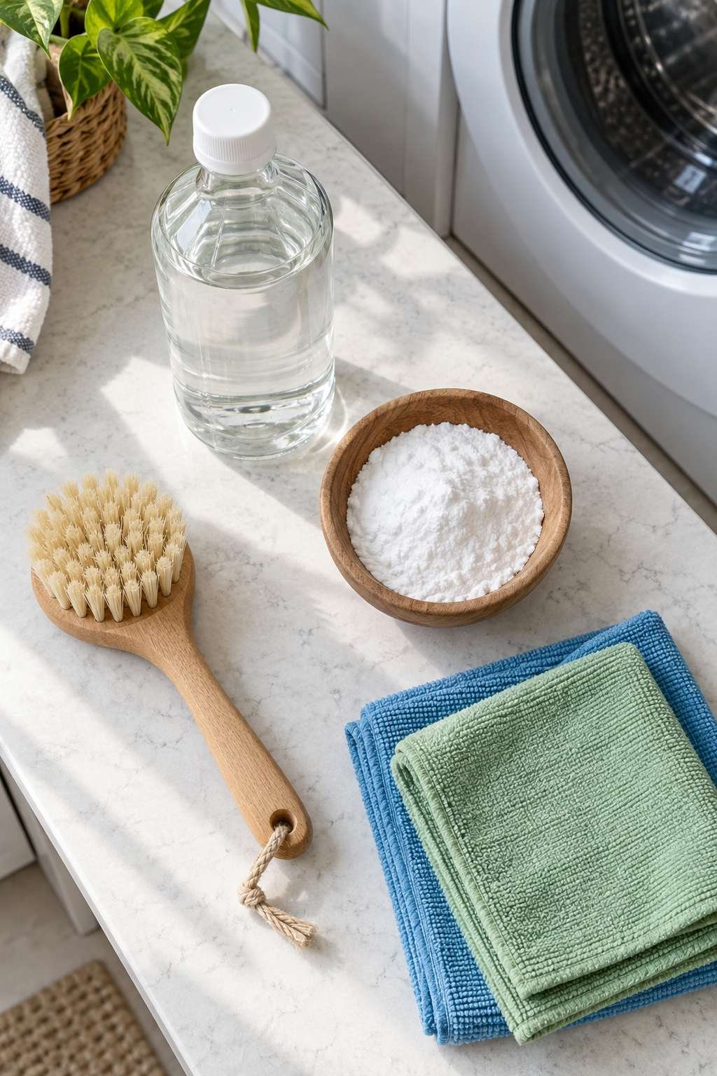 Washing machine cleaning supplies laid out on a counter