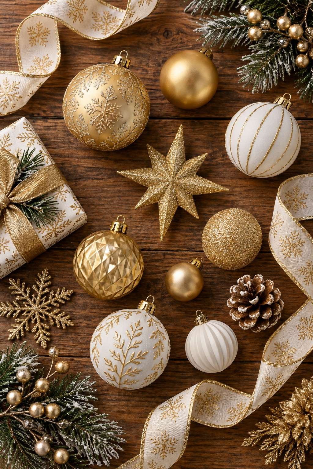 Gold and white Christmas decorations arranged by color palette