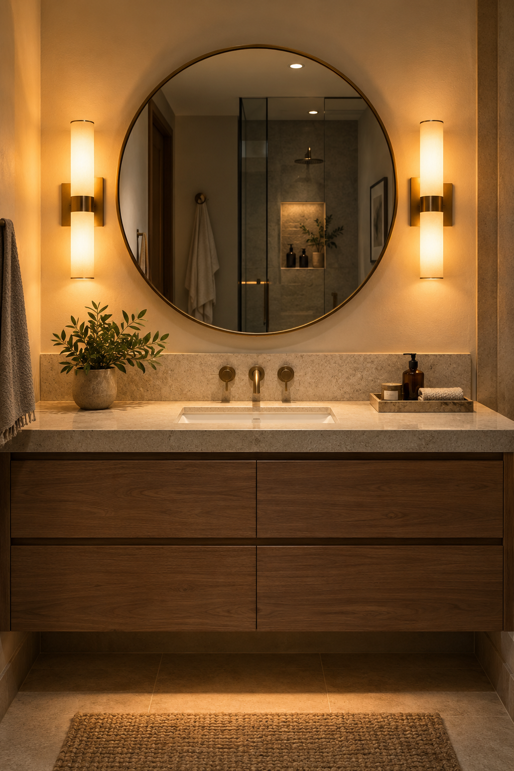 Warm sconce lighting layered around a bathroom vanity mirror