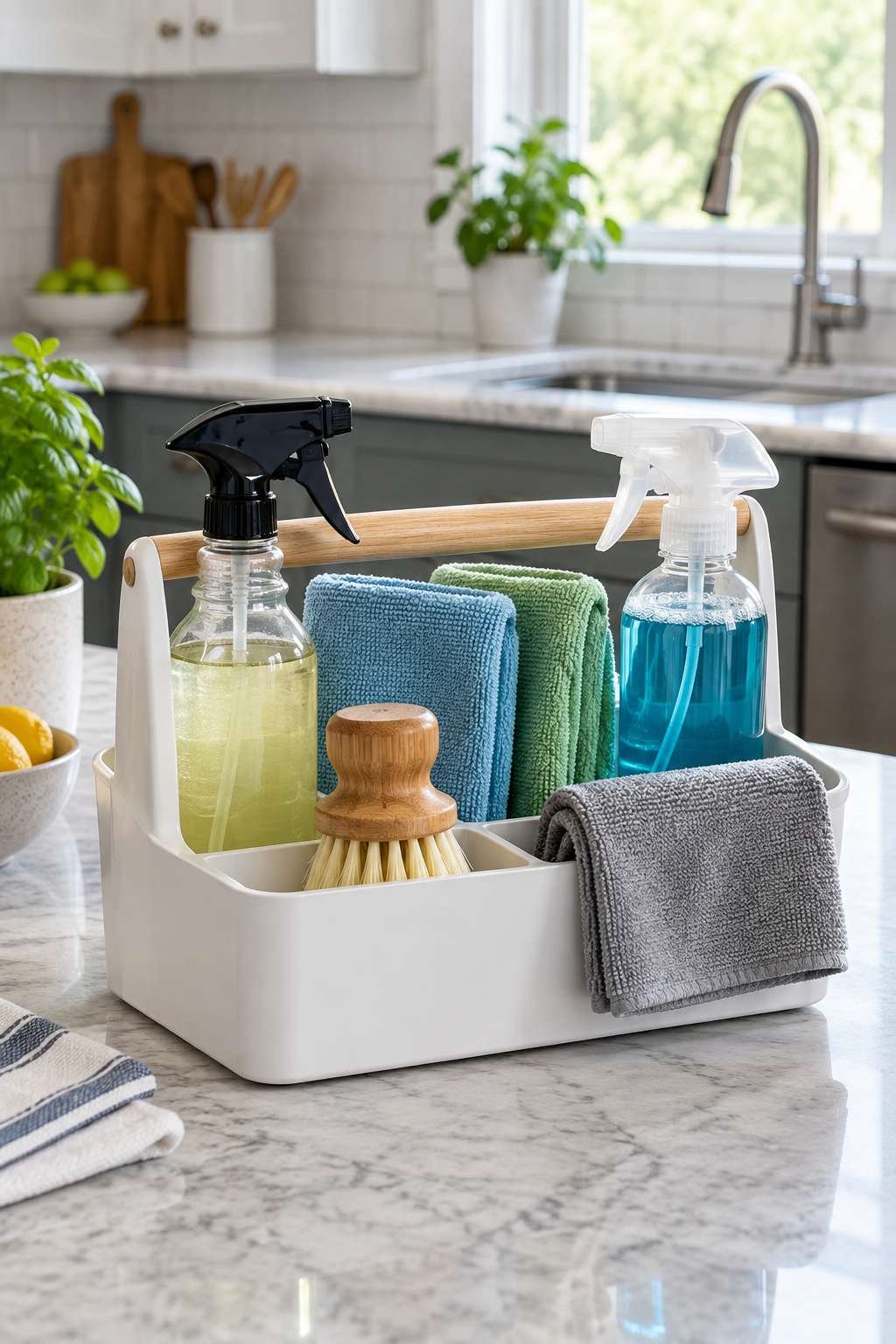 Cleaning caddy stocked with supplies for a whole-house deep clean