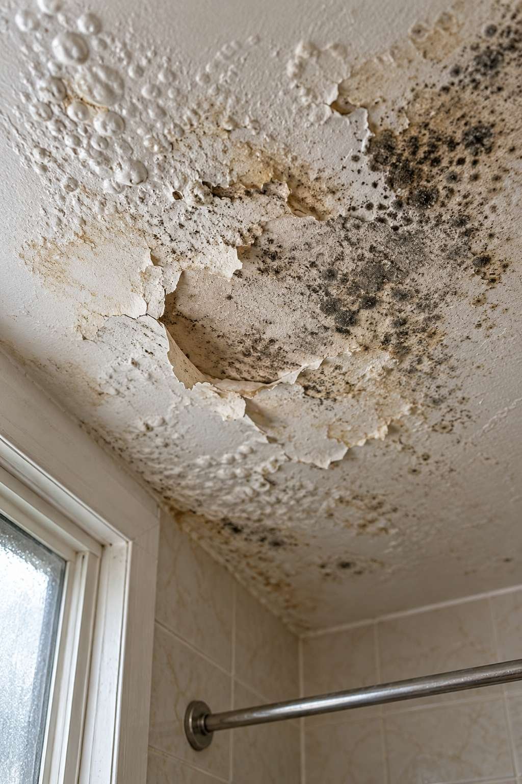 Peeling paint and dark discoloration signaling ceiling mould