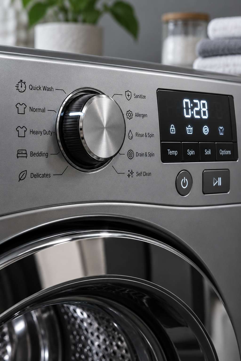 Washing machine control panel showing quick wash, normal, and heavy duty cycle options