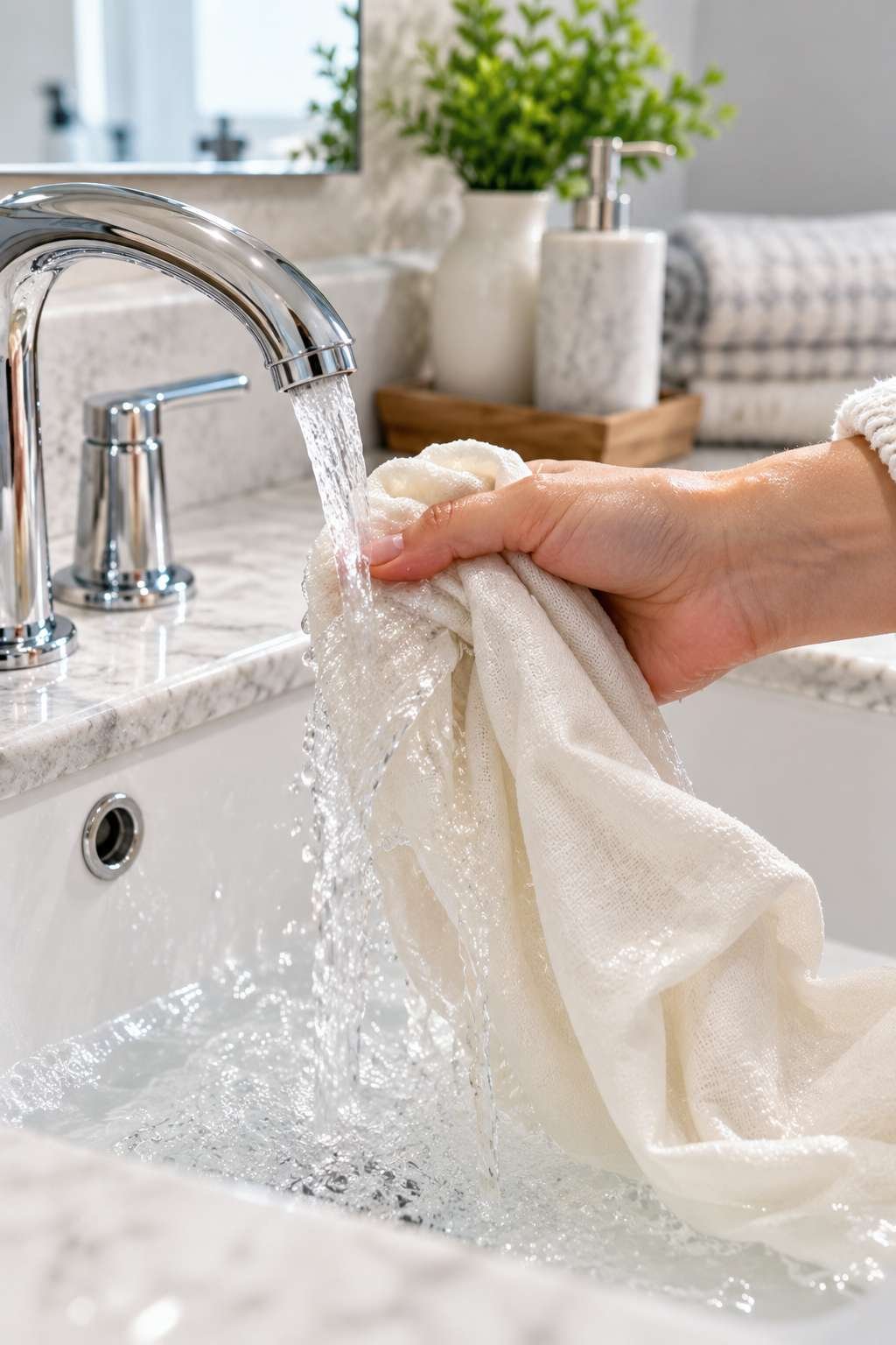 Rinsing fabric under cold water in a sink