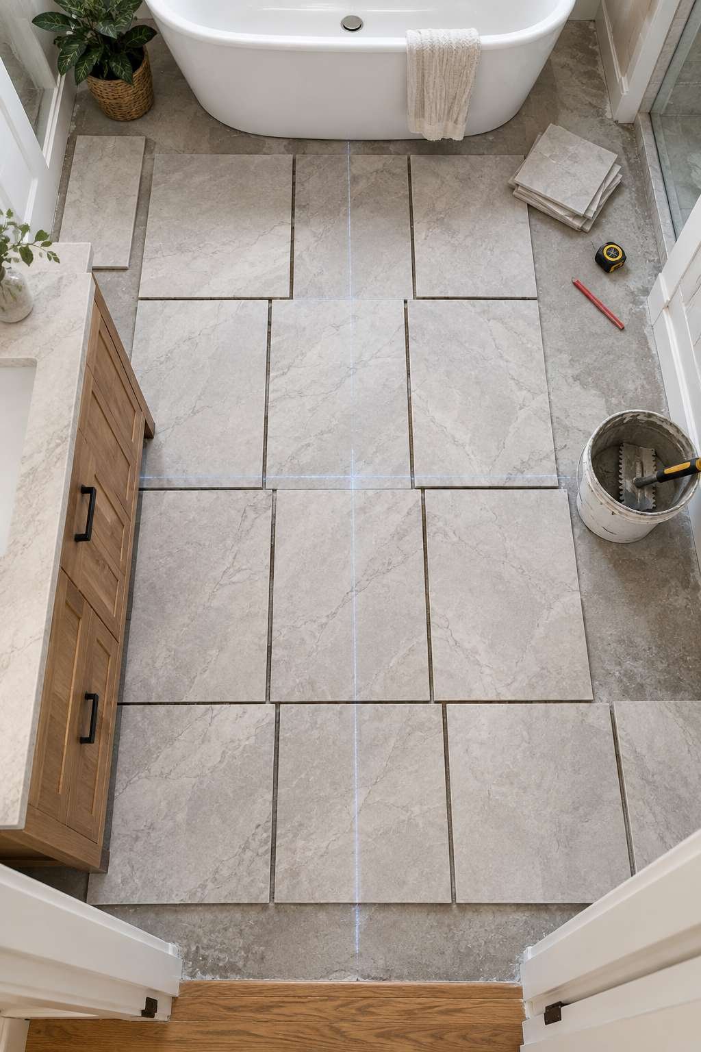 Dry-laid bathroom tiles being planned before installation