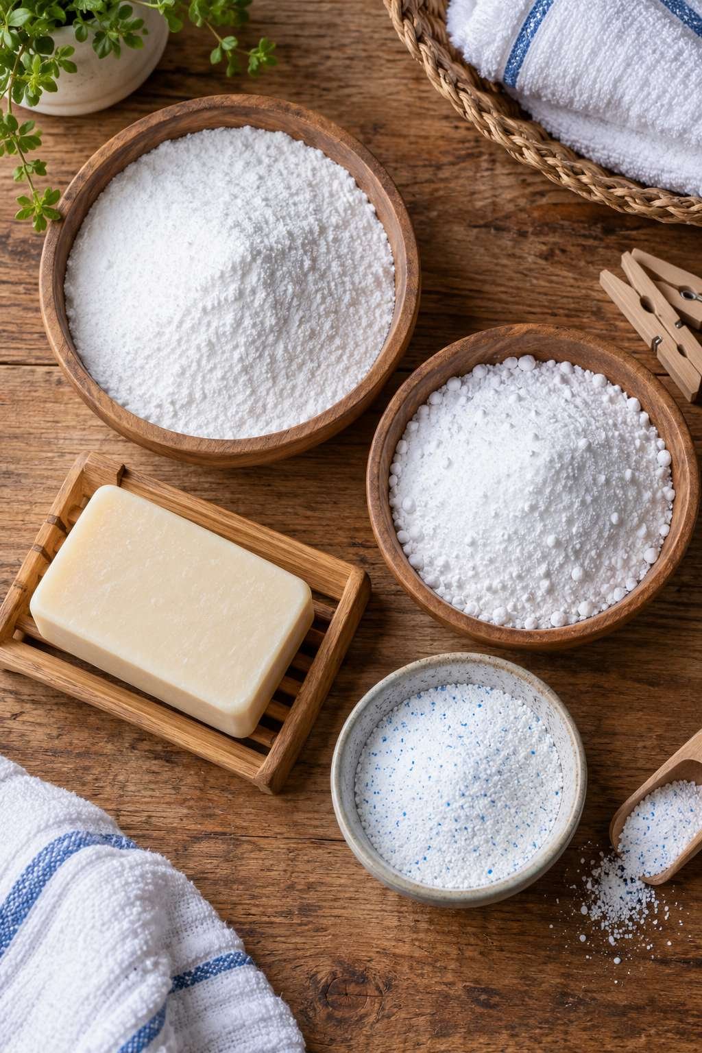 Flat lay of washing soda, borax, soap, and oxygen bleach ingredients