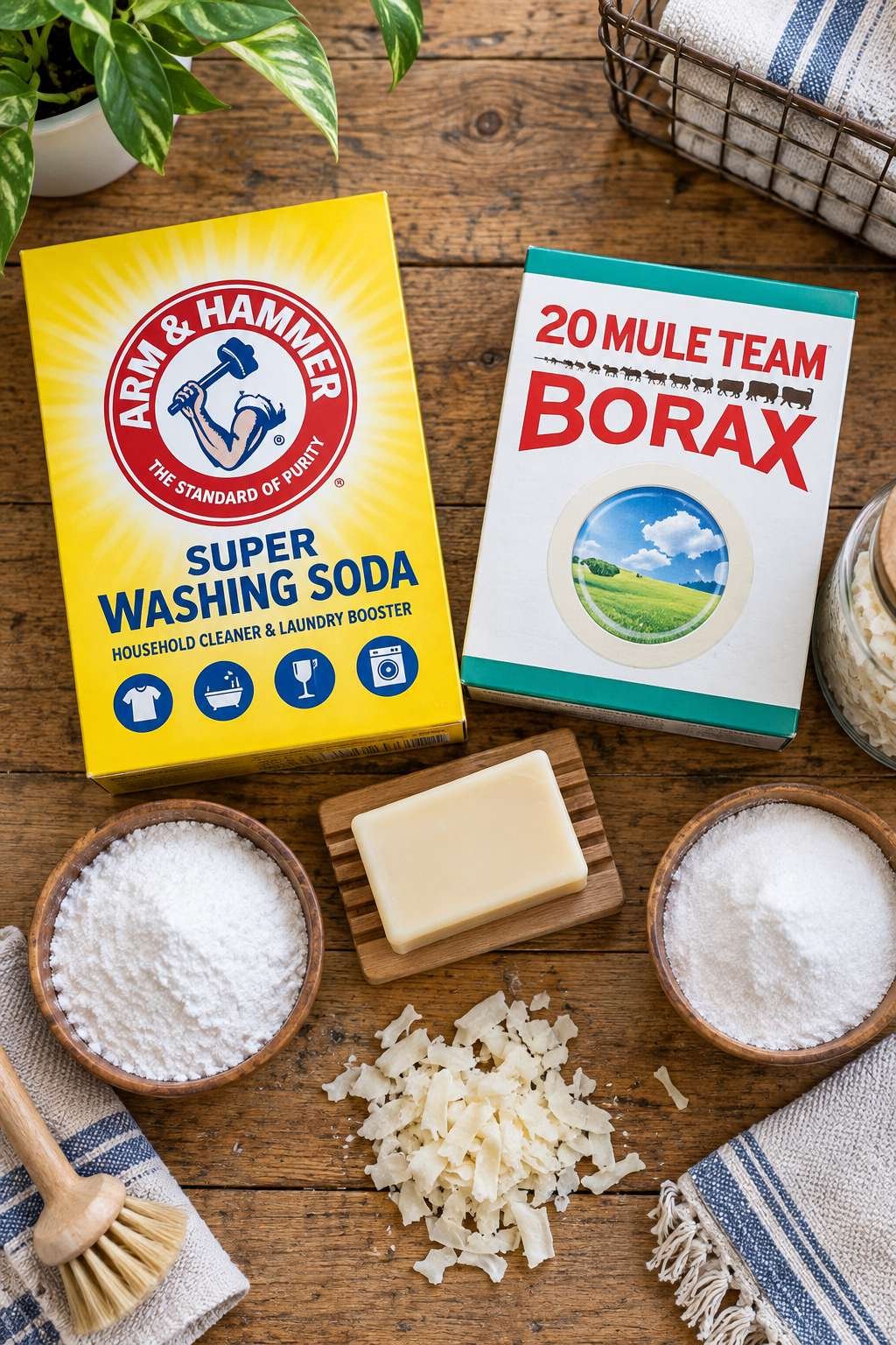 Flat lay of washing soda, borax, and bar soap ingredients for laundry soap