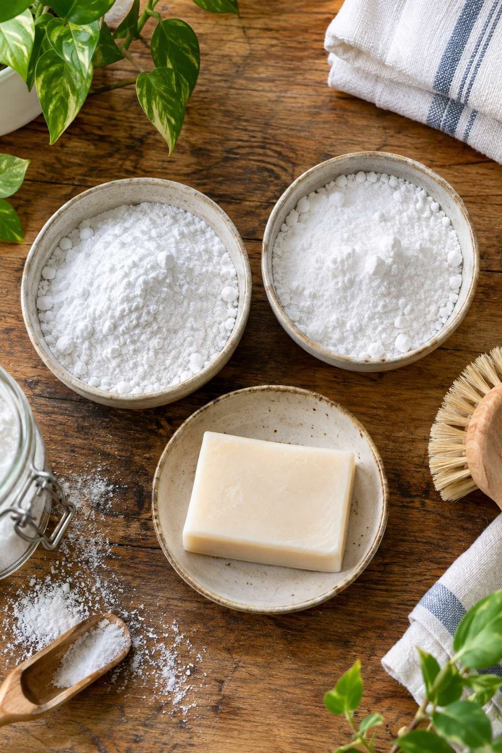 Washing soda, borax, and bar soap ingredients laid out