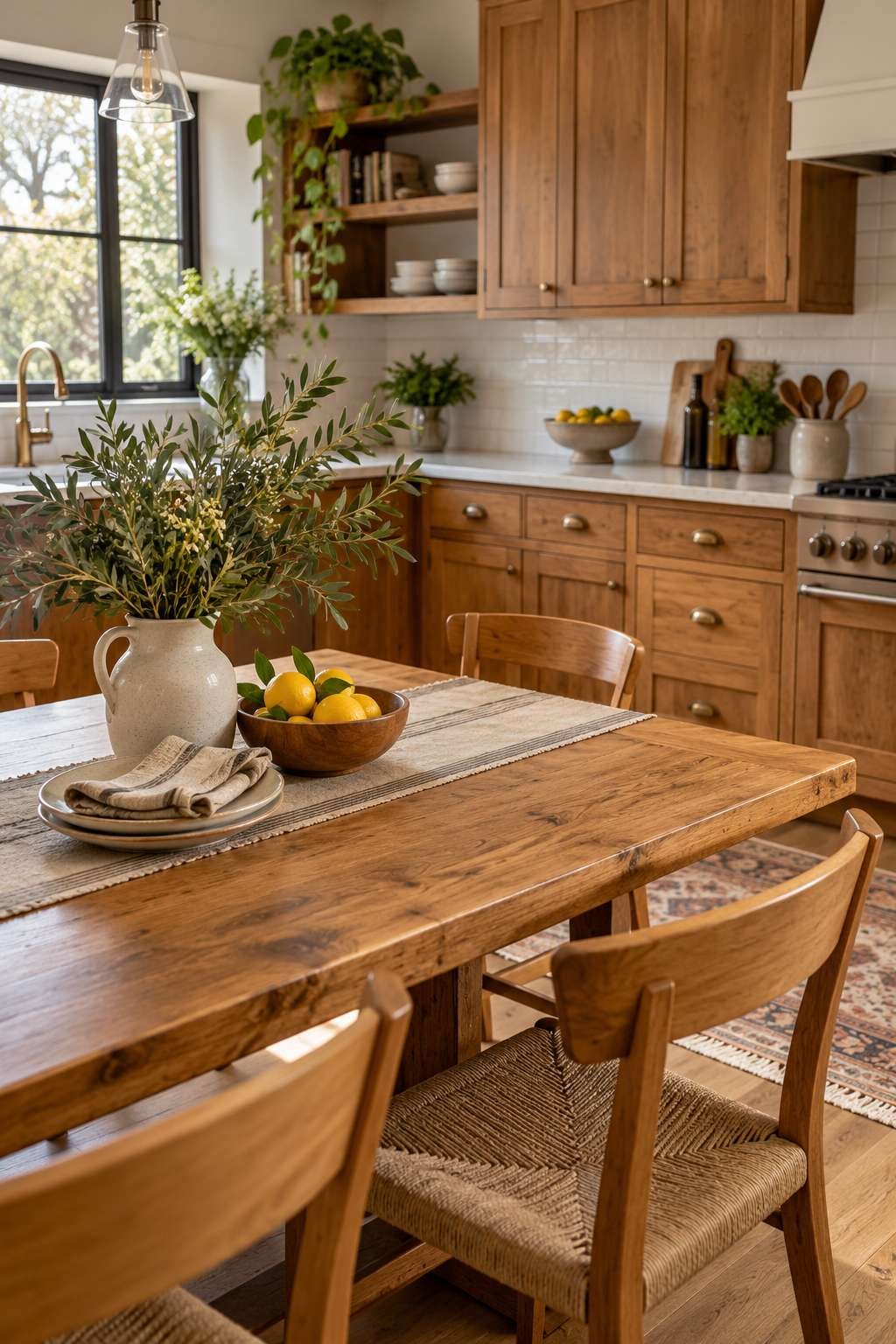 Kitchen table wood tone coordinated with cabinetry undertones