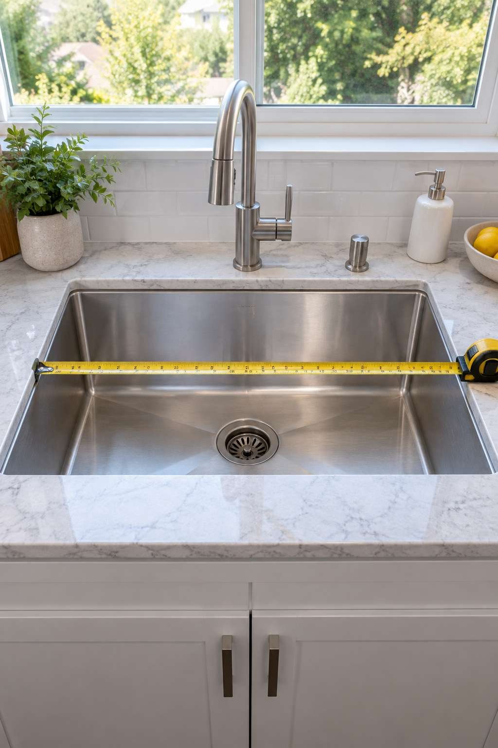 Tape measure across the length and width of a kitchen sink