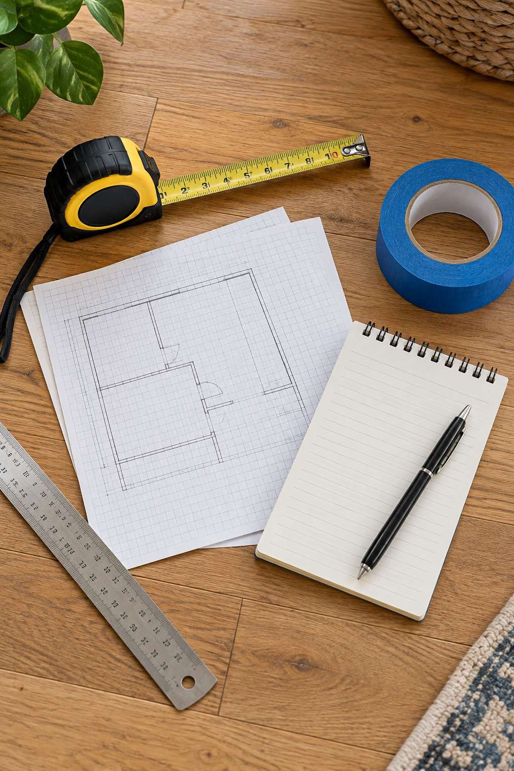 Flat-lay of tools used to measure a room for furniture