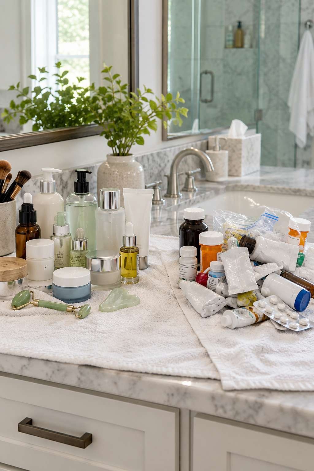 Decluttering a bathroom cabinet by sorting items into keep and toss piles