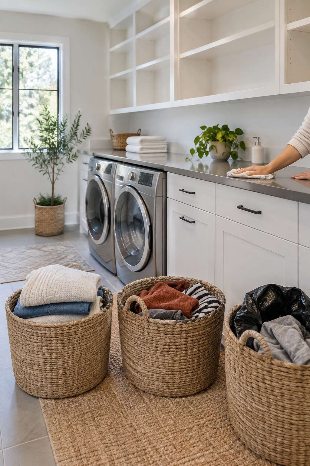 Sorting laundry room items into keep, donate, and toss piles