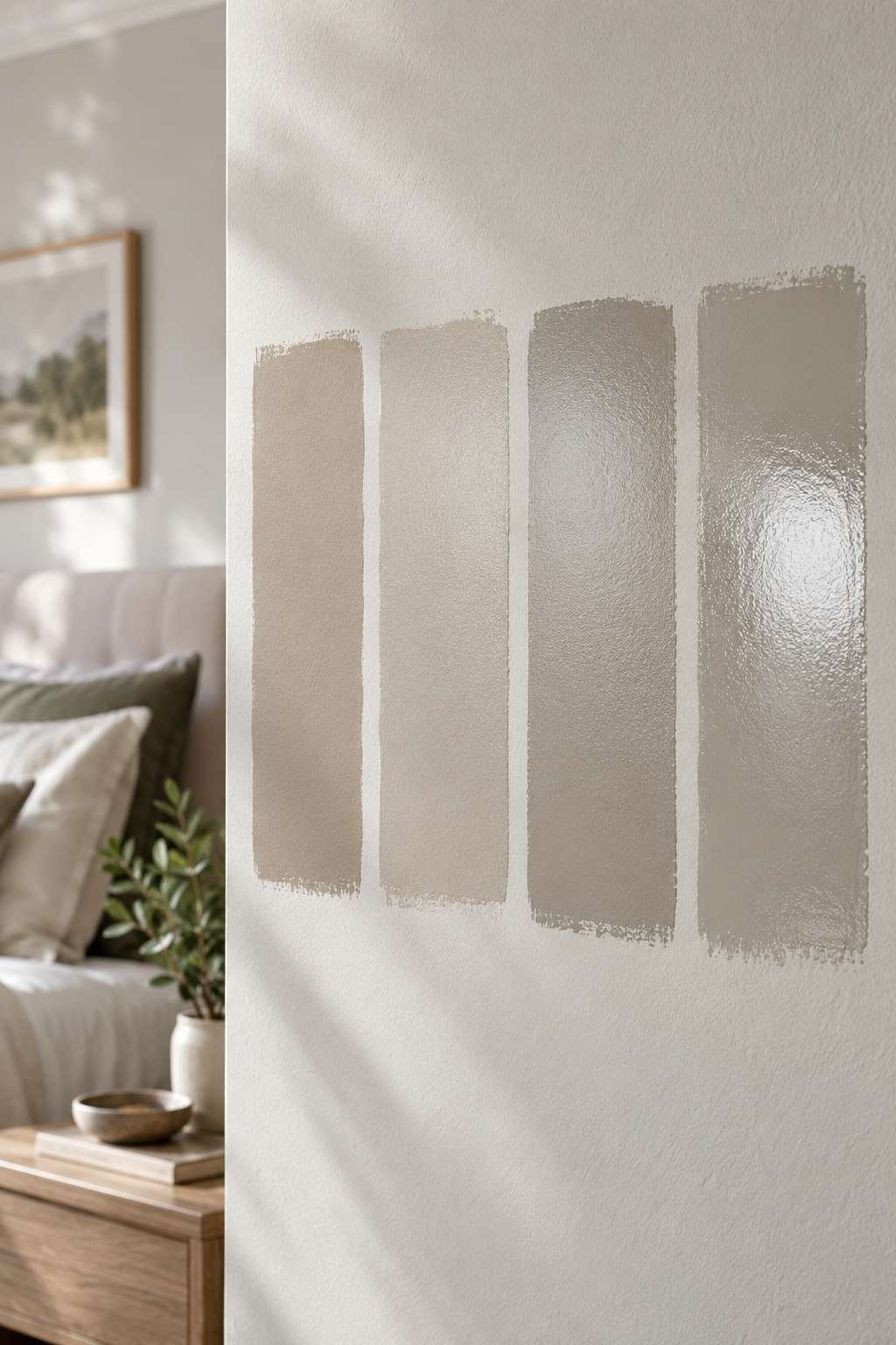 Paint swatches comparing matte, eggshell, satin, and semi-gloss finishes