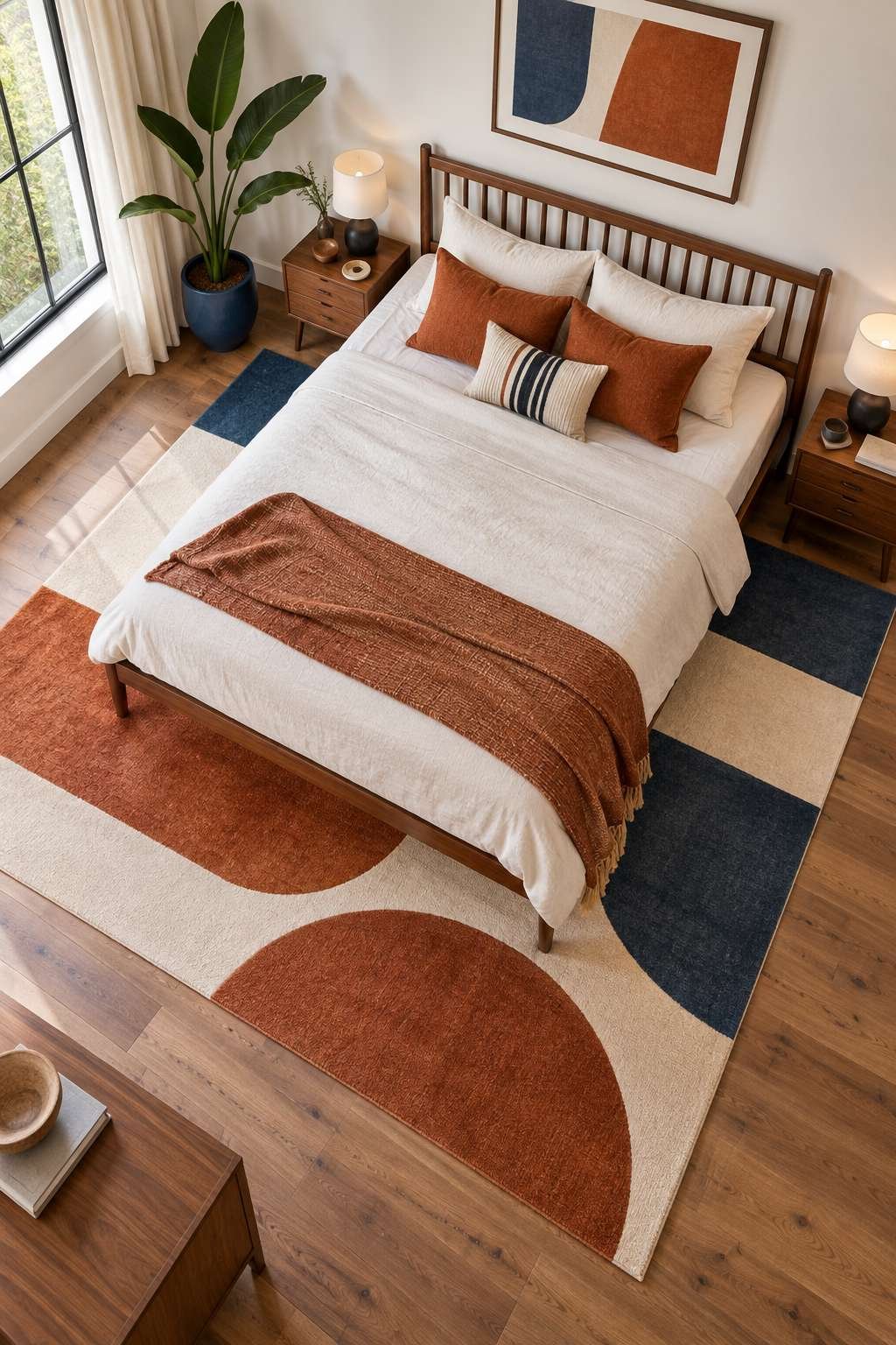 Overhead view of a bedroom rug sized to fit a queen bed