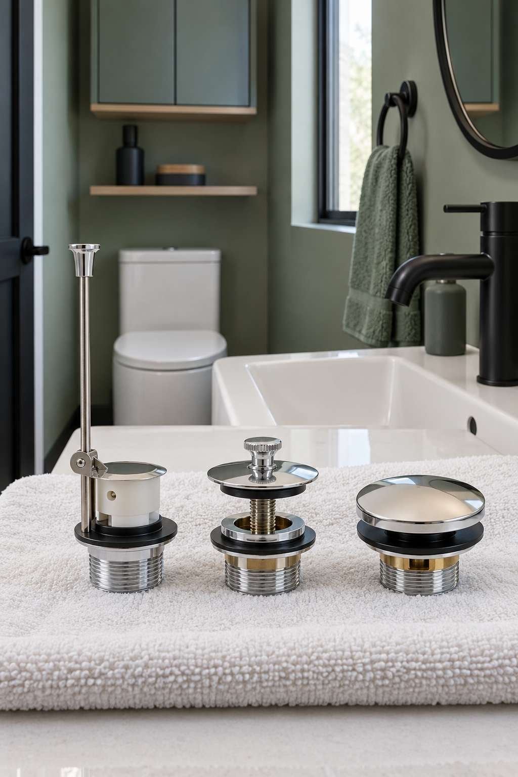 Three different types of bathroom sink stoppers side by side