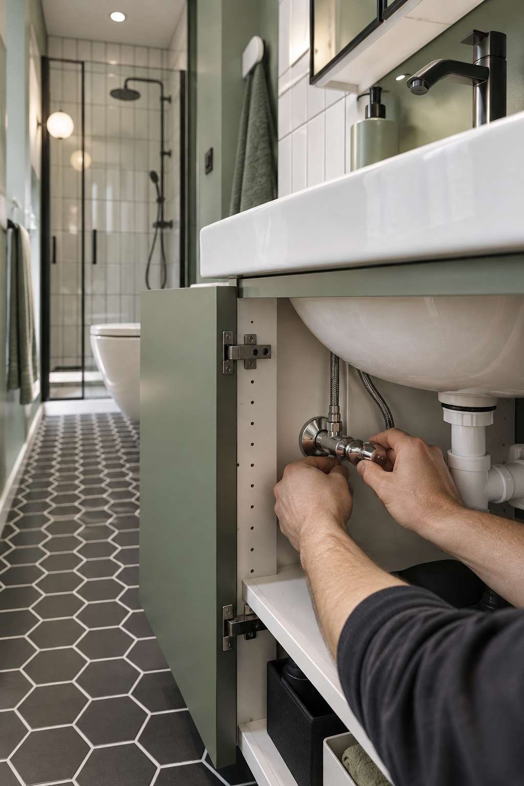 Turning off the water shutoff valve under a bathroom sink