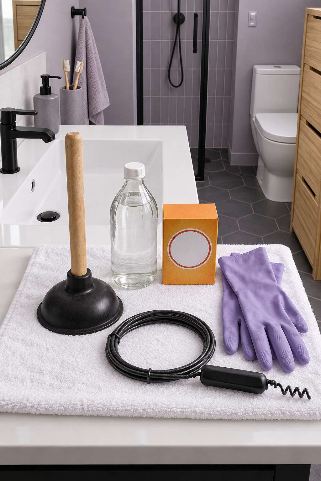 Tools laid out for unclogging a bathroom sink including plunger and baking soda
