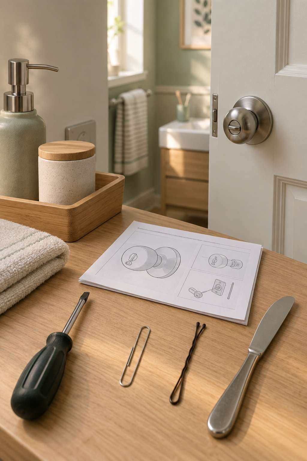 Small tools used to unlock a bathroom door, including a paperclip and screwdriver