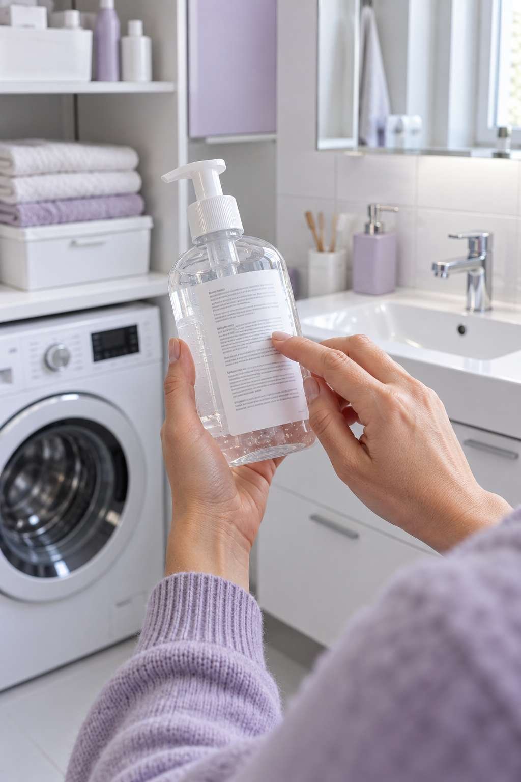 Reading the safety label on a laundry sanitizer bottle
