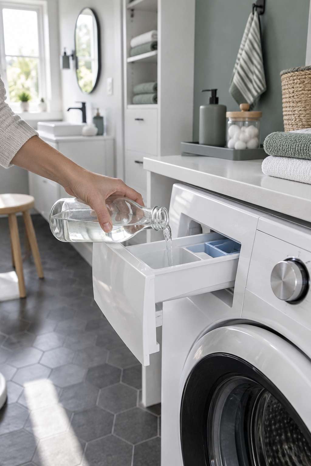 Vinegar being poured into a washing machine's fabric softener dispenser
