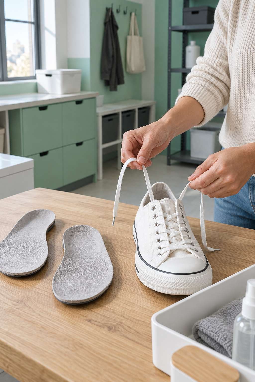 Removing laces and insoles from a sneaker before washing
