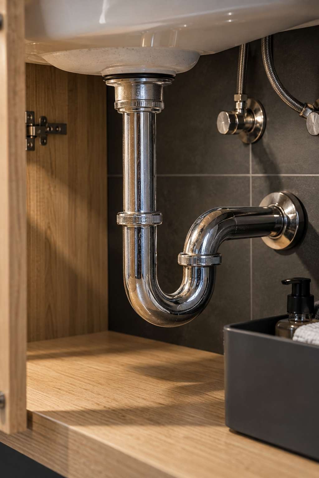 Close-up of a P-trap pipe underneath a bathroom sink