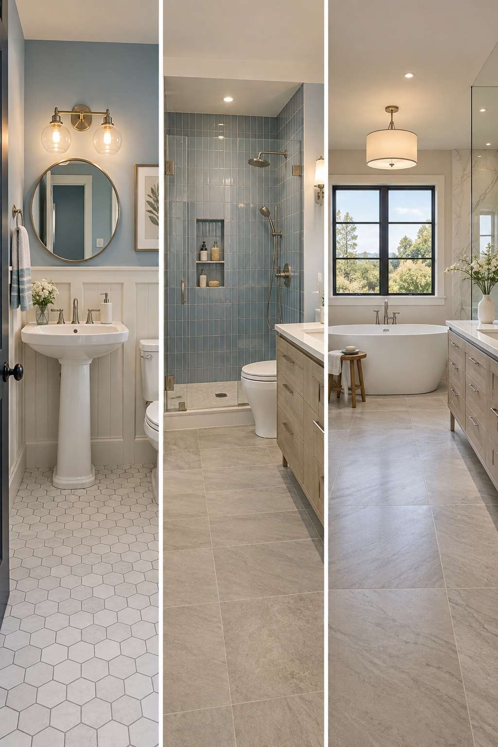 Comparison of half bath, 3/4 bathroom, and full bathroom layouts