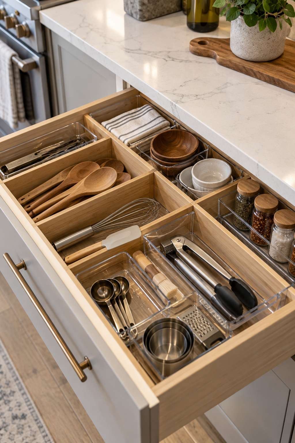 Adjustable bamboo dividers and stackable trays inside an organized kitchen drawer