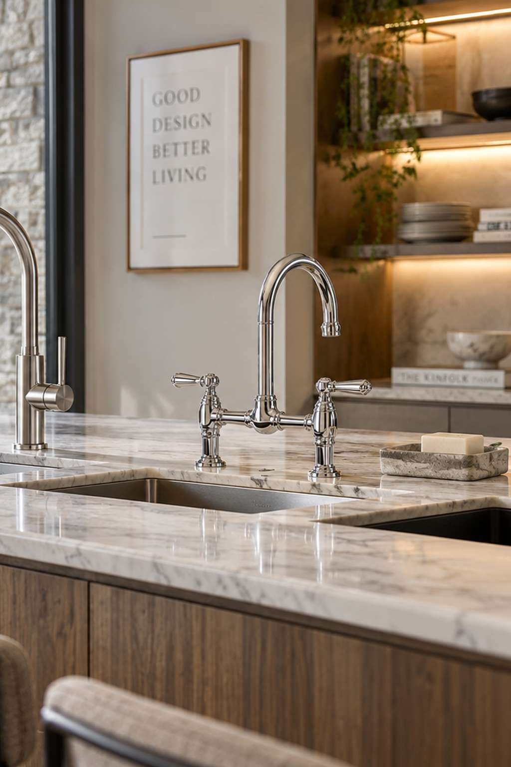 Three kitchen faucet styles displayed side by side for comparison
