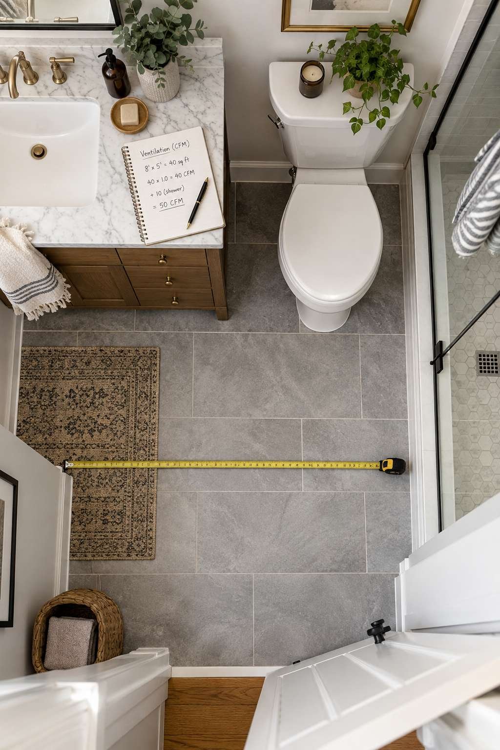 Measuring a bathroom floor plan to calculate the right fan CFM rating