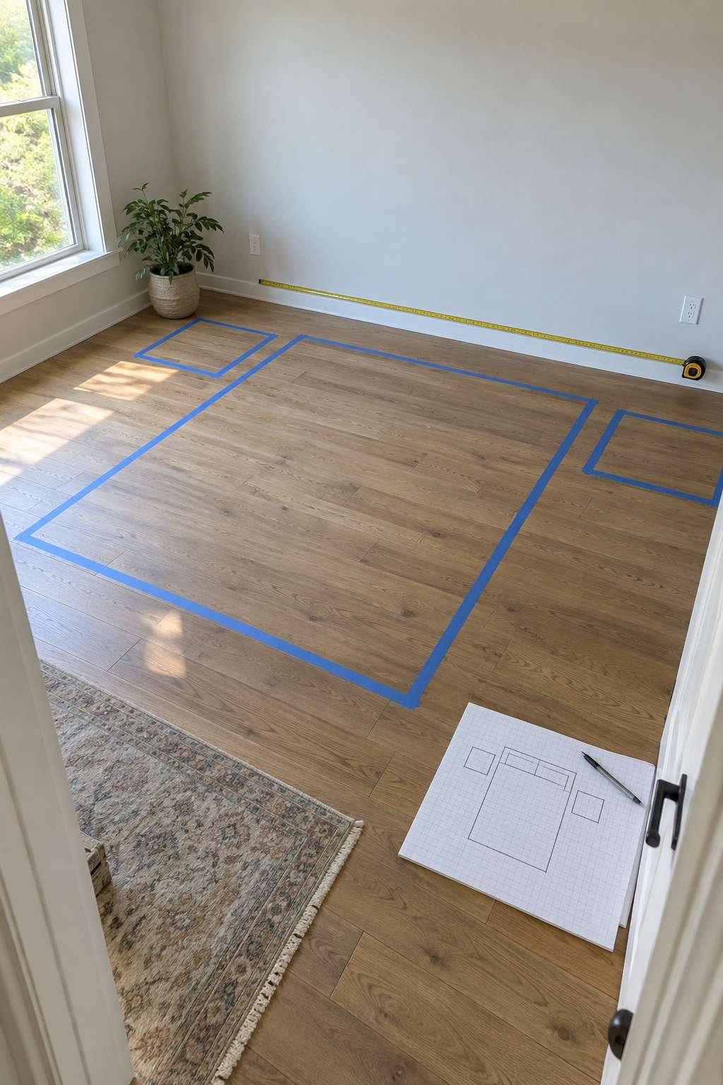 Tape measure and floor sketch used to plan a bedroom furniture layout