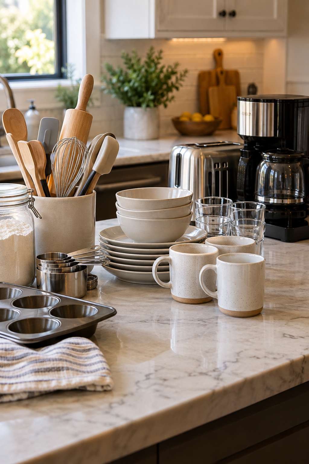 Kitchen items grouped by category on a countertop before cupboard arranging
