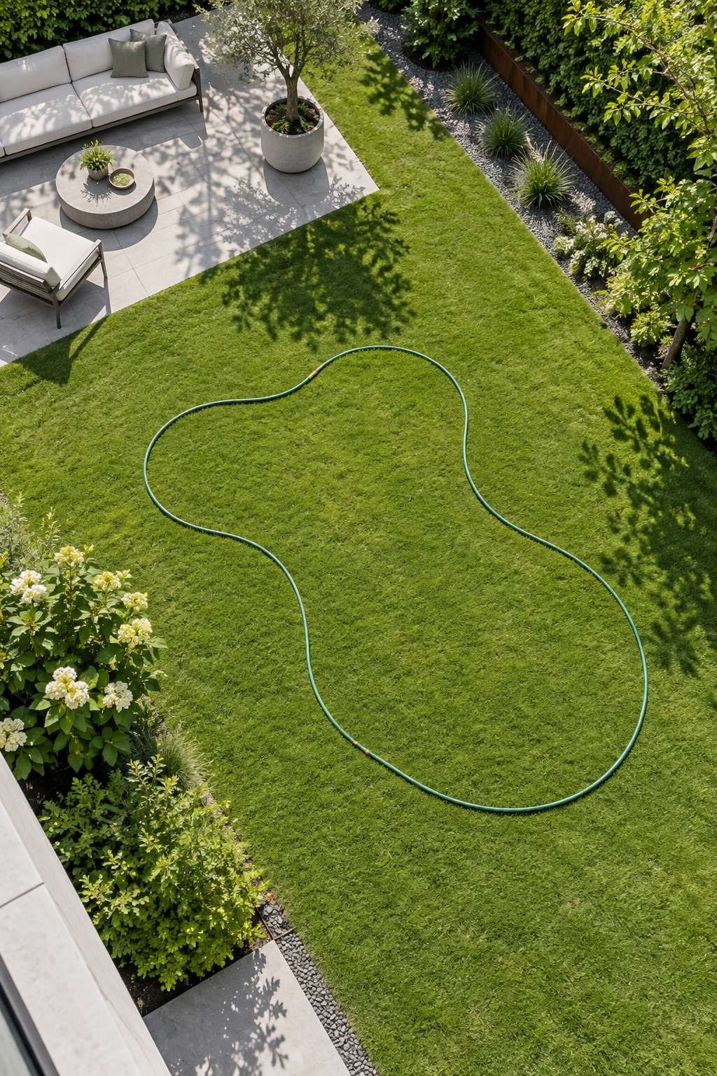 Overhead view of a garden hose outlining a backyard pond shape and size