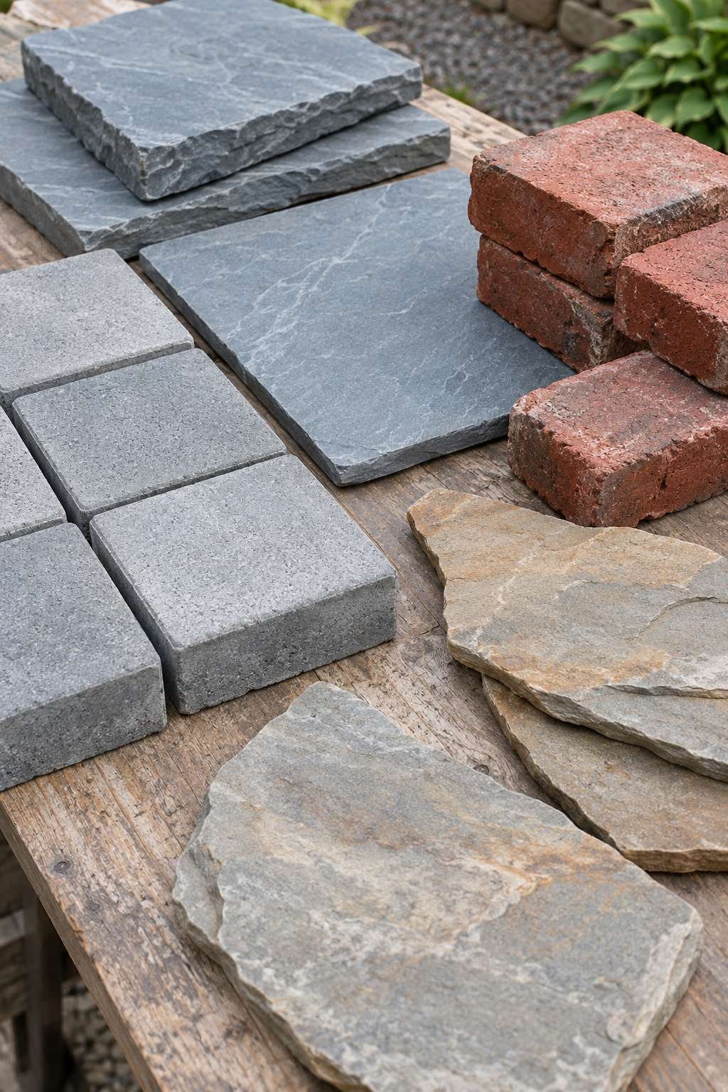 Flat-lay comparison of patio materials including pavers, bluestone, brick, and flagstone