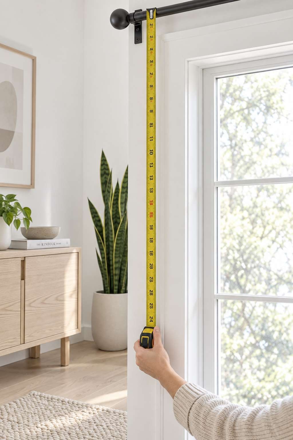 Tape measure used to measure a living room window before curtain installation
