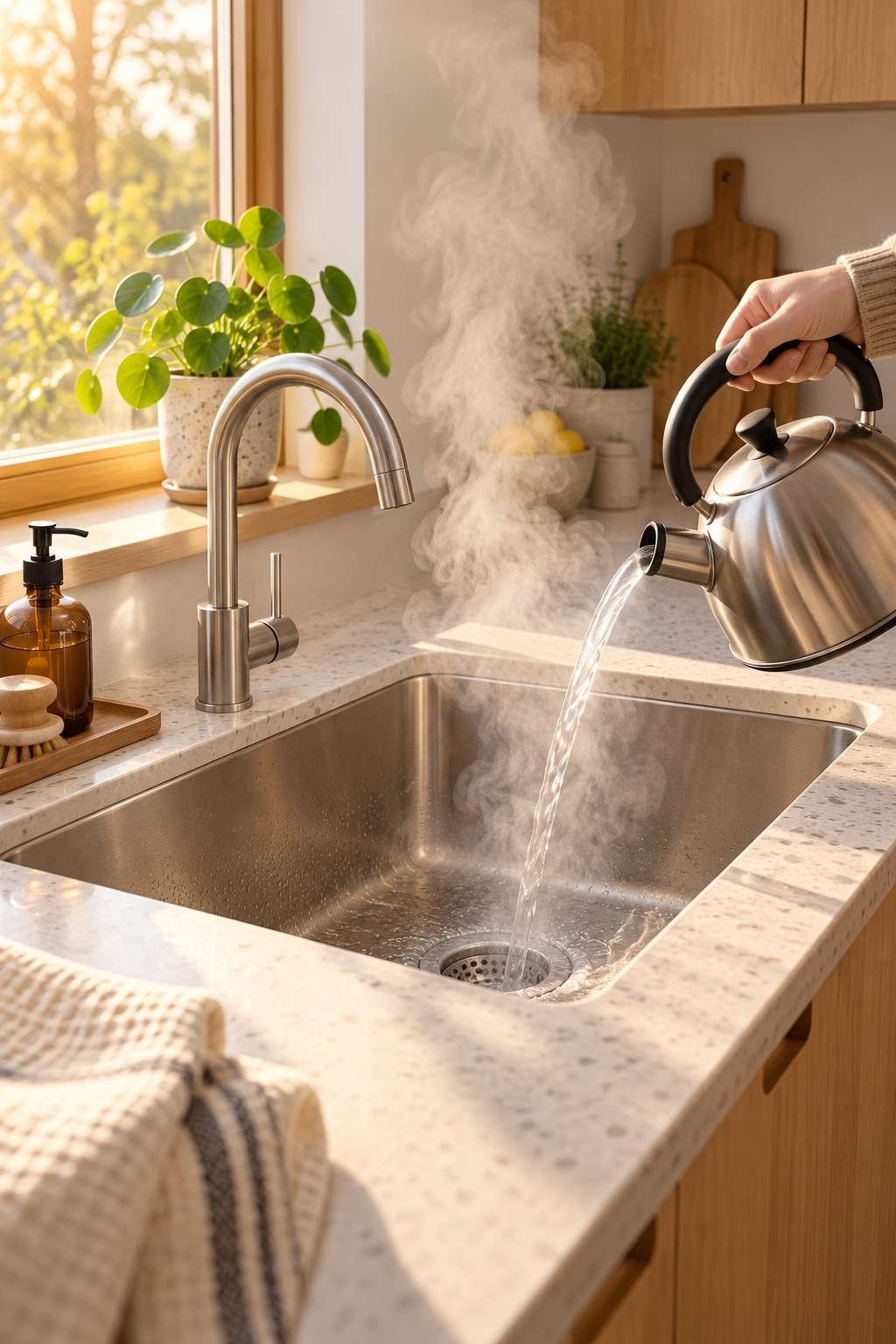 Pouring boiling water into a kitchen sink to help clear a clogged drain
