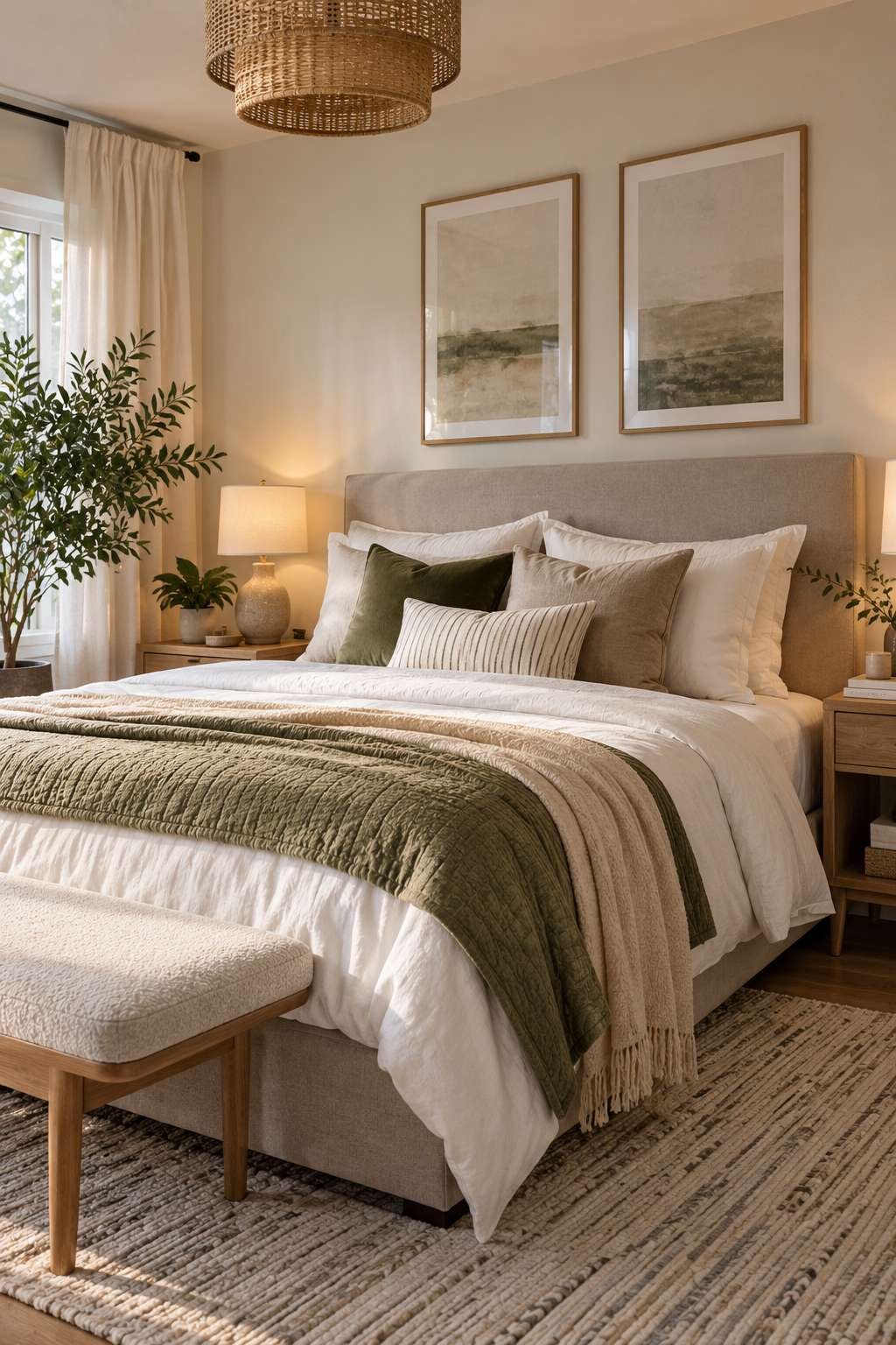 Layered bedding and pillows showing how to decorate a bedroom bed