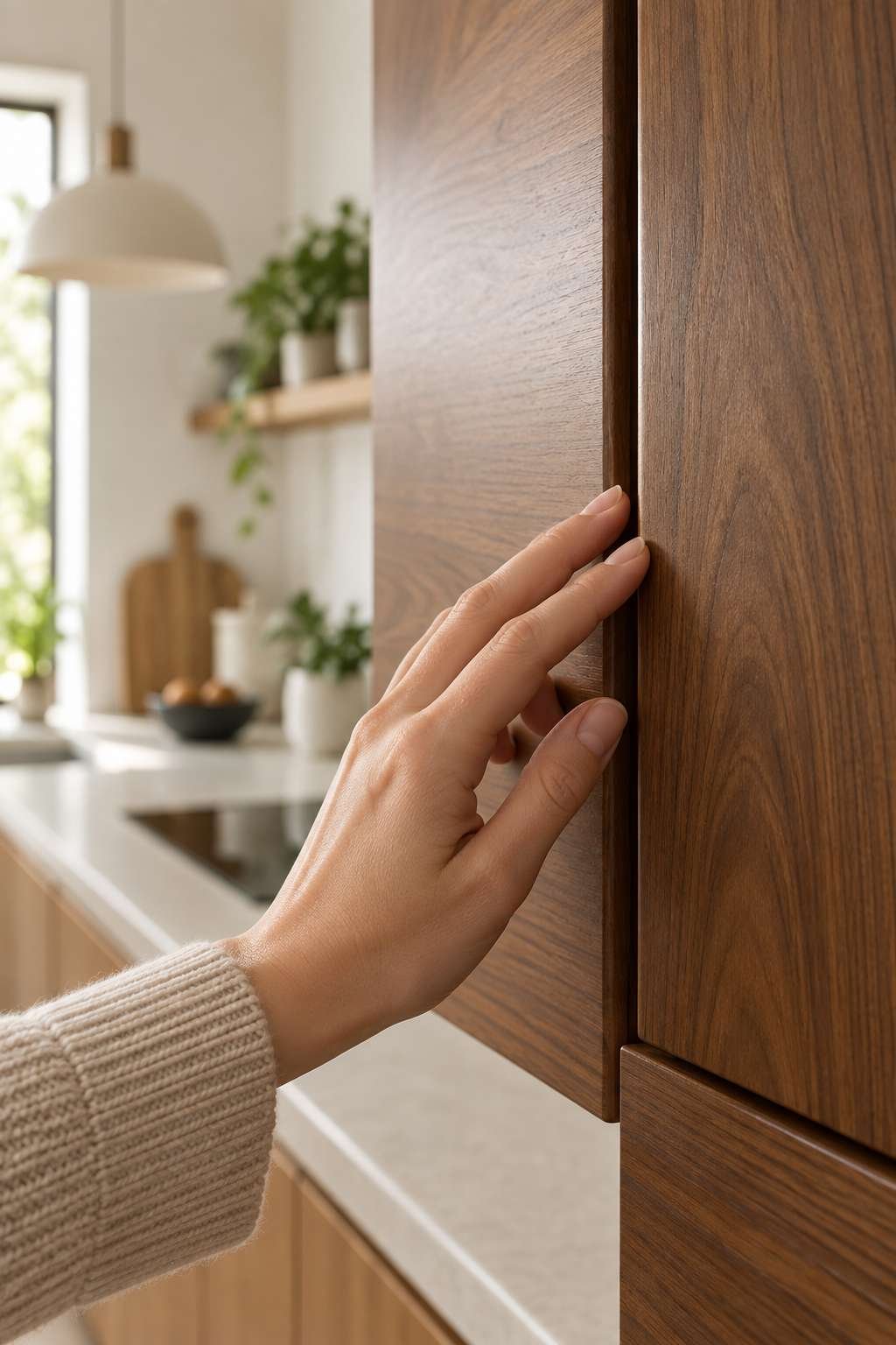 Close-up of hand checking the finish on a stained wood kitchen cabinet