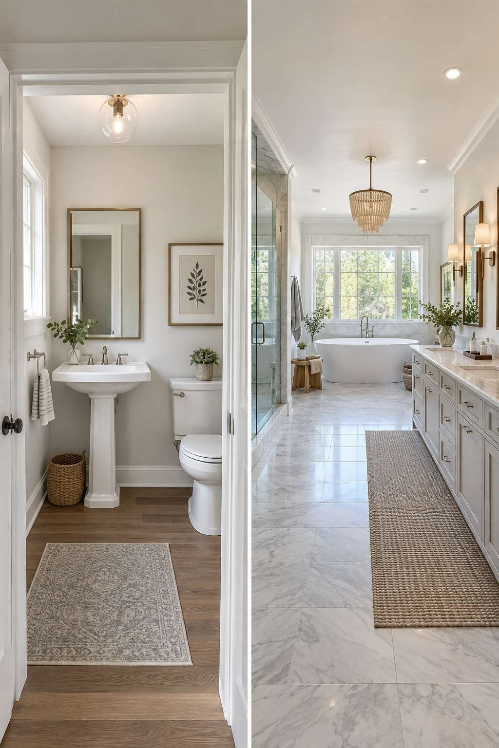 Comparison of a small powder room and a spacious master bathroom showing remodel cost differences by size