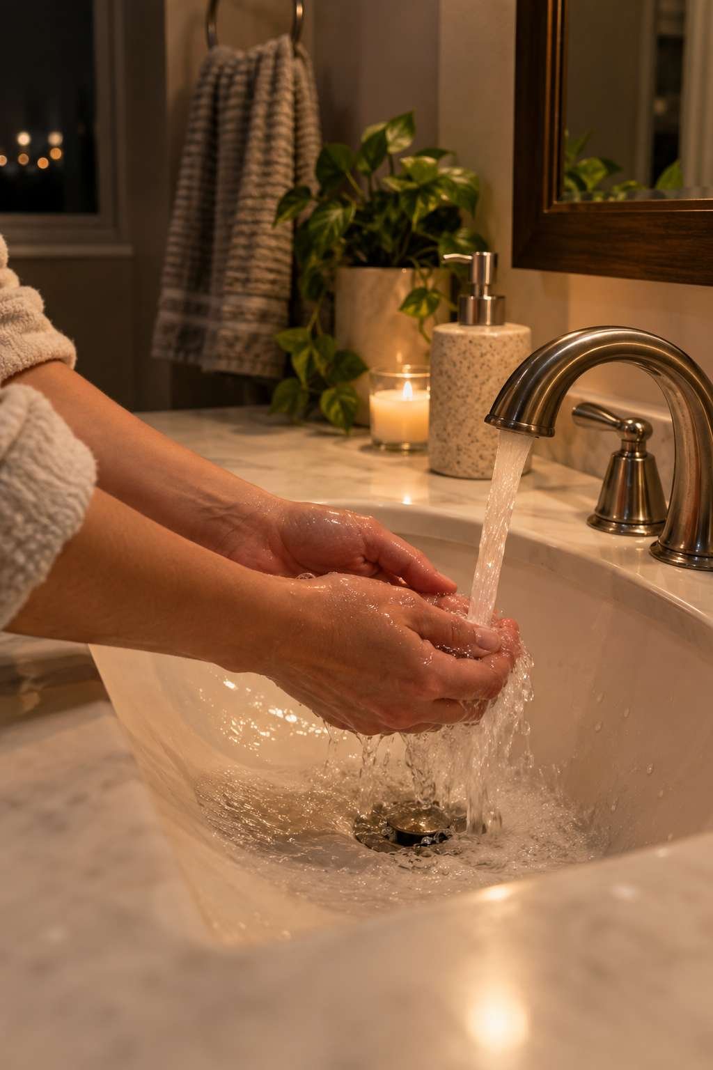 Running hot water down a bathroom sink drain as nightly maintenance