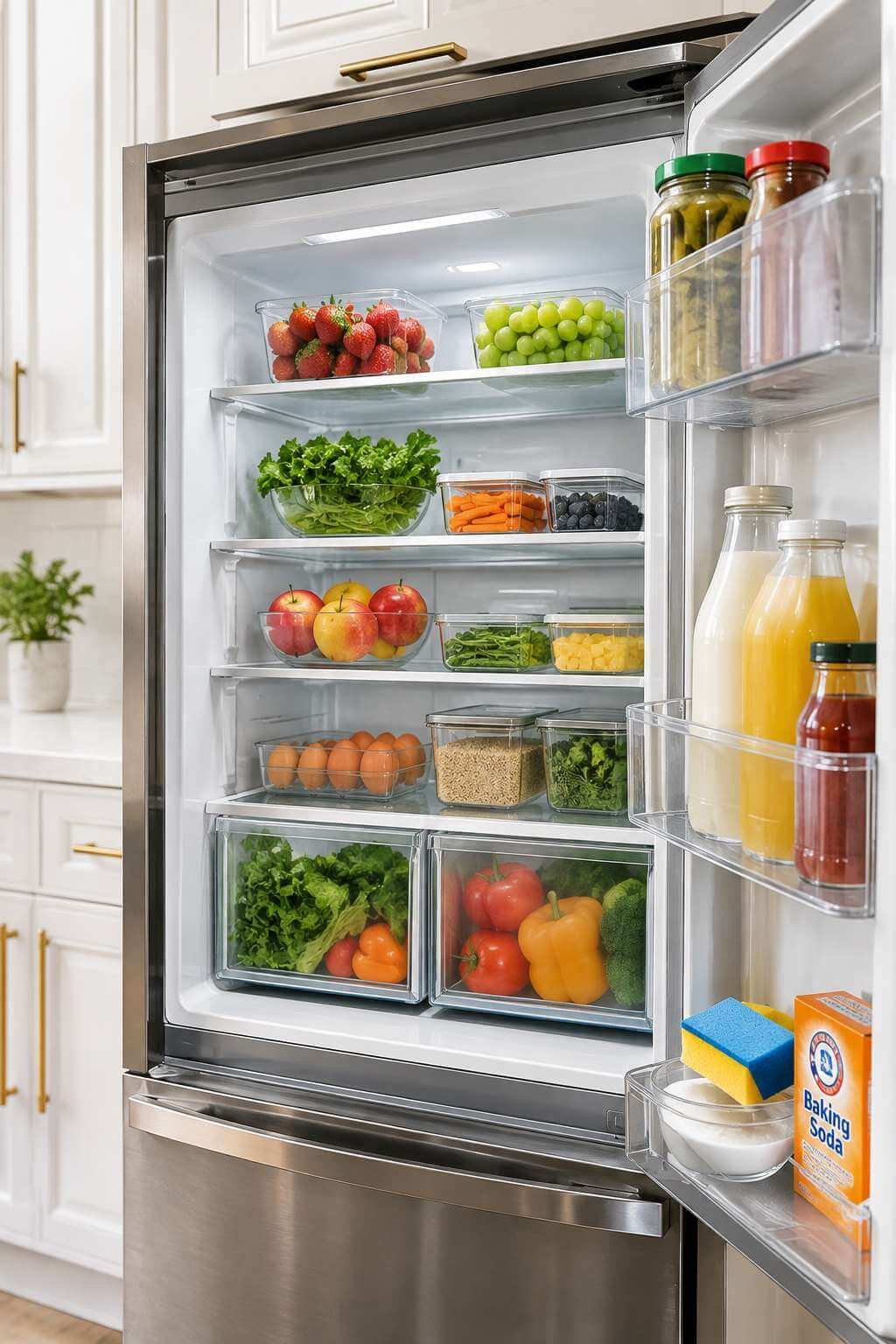 Open refrigerator with clean shelves during a kitchen deep clean