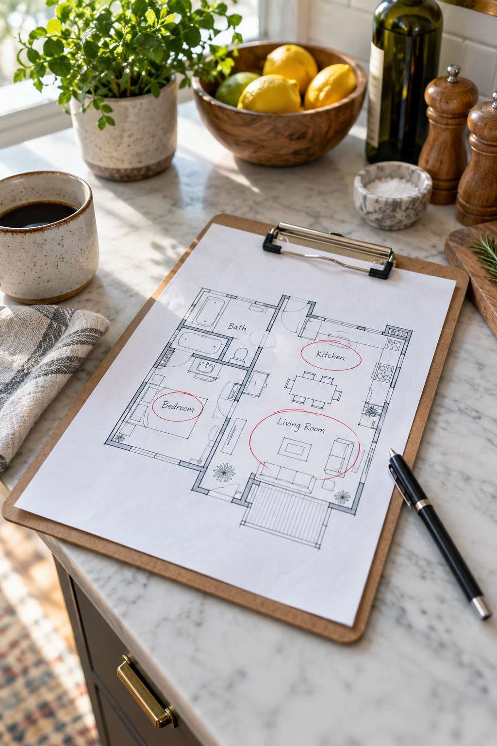 Floor plan marked with rooms selected for decorating