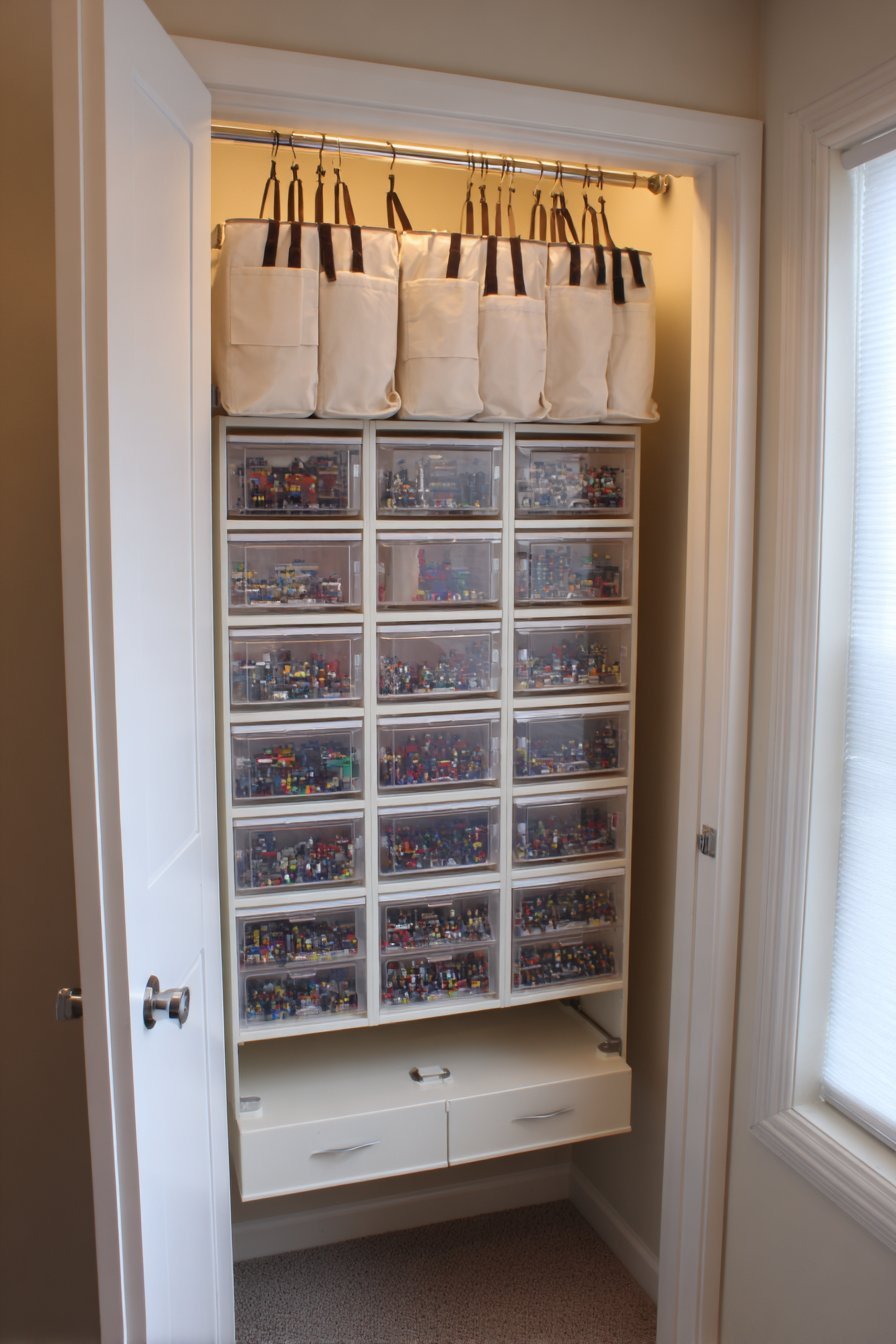 Hanging closet shelf organizers with clear vinyl windows for sorted Lego and a door shoe organizer for minifigures